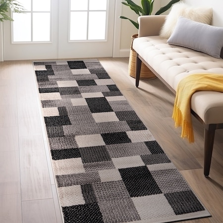 World Rug Gallery Modern Geometric Boxes Design Non Shedding Soft Area Rug 2' x 7' Black 399BLACK2x7